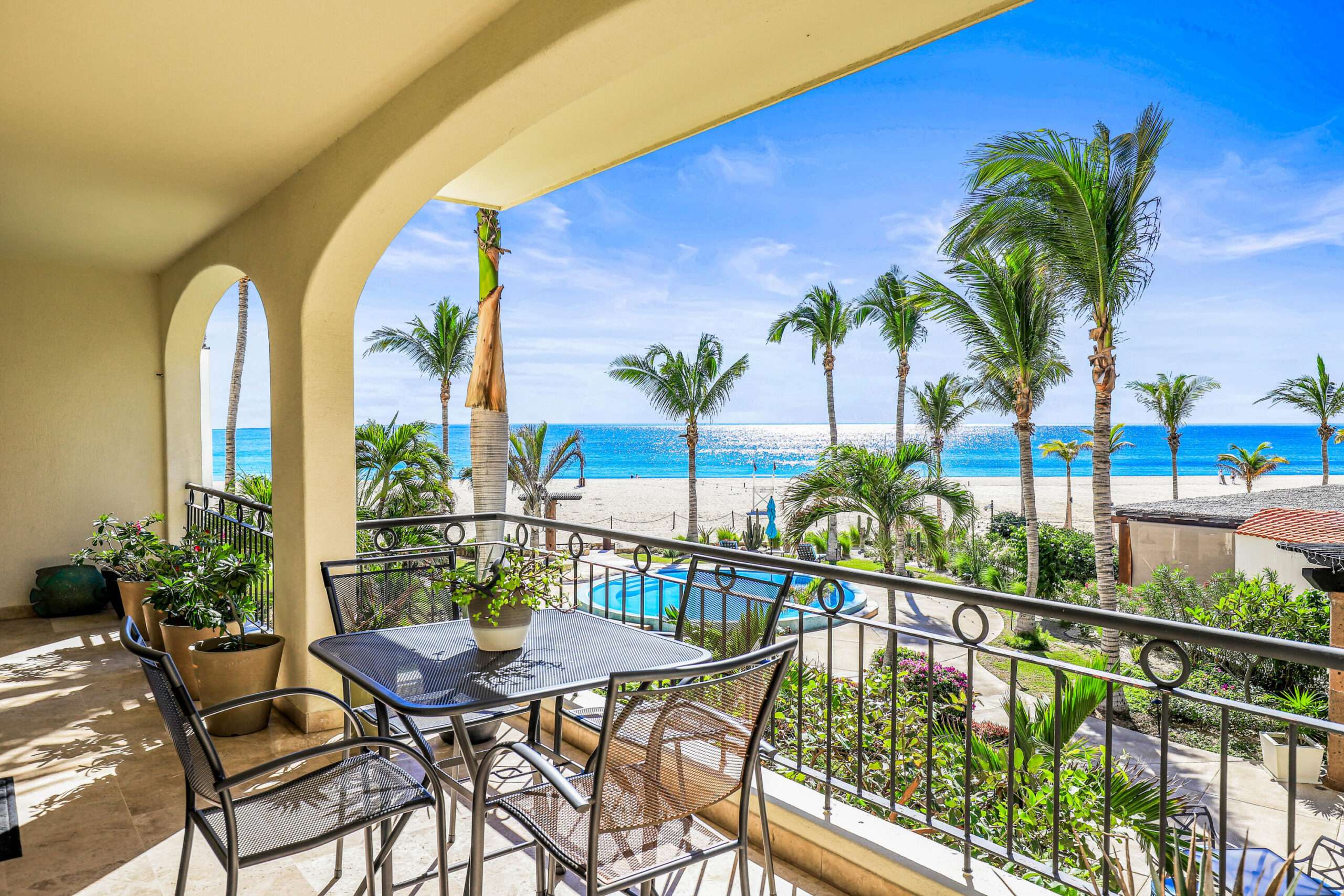 San Jose del Cabo Tortuga Bay COMFORTABLE BEACHFRONT CONDO Location is everything at San Jose´s TORTUGA BAY. The 1st phase of this exclusive enclave is comprised of 33 luxury condos in two BEACHFRONT buildings. Modern, 2nd floor, 2BD/ 2BA with a spacious 2077 sq ft floor plan that defines open spaces. Vibrant RENOVATED kitchen w/ Viking gas stove & Sub-Zero Fridge, wine cooler, white cabinetry. Pocket doors open indoors out to the covered patio with amazing ocean for sale