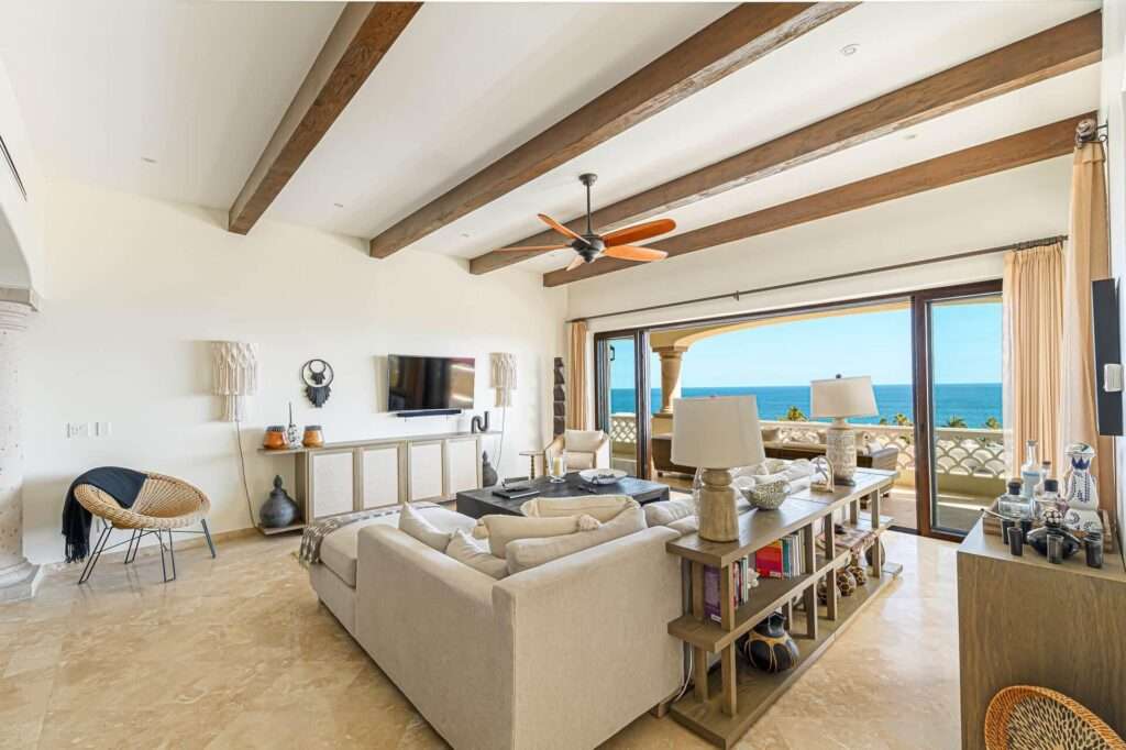 San Jose del Cabo El Encanto El Encanto de La Laguna Del Sol 202 is located in a luxury boutique beachfront community that provides a peaceful environment yet is just a 10 minute drive to Downtown San Jose del Cabo. Del Sol 202 is a beautifully furnished condo, has 2,428 sq ft of interior living space and 627 sq ft of covered terrace and includes a one car garage. It offers a spacious floor plan with high ceilings, wood beams, high-end appliances, and granite counters. It has 3 bedrooms, 2.5 bathrooms. Just a 3-minute walk to a secluded sandy beach. Resort-style amenities available only to the 24 condos in Phase II, include an infinity-edge pool, jacuzzi, and a swim-up palapa bar with BBQ area. Optional membership is available to a private oceanfront beach club featuring an on-site restaurant, gym and pool. – Club Campestre, San Jose del Cabo, BS